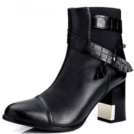 欧美秋冬新款女鞋时尚短筒皮带扣粗跟高跟马丁靴短靴001