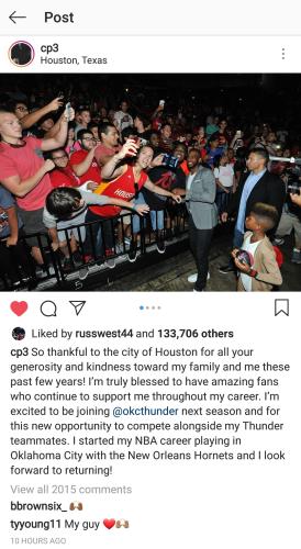 NBA：克里斯-保罗发文告别休斯顿感谢火箭球迷