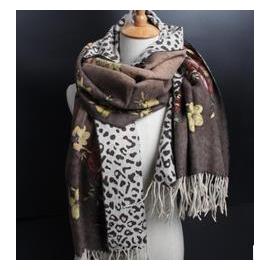 印花羊毛围巾女冬季加厚保暖欧美时尚高端双面豹纹围巾披肩两用