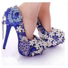 奢华大码镶钻蓝色水晶婚鞋高跟水钻防水台细跟新娘鞋伴娘婚女单鞋