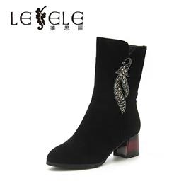 LESELE|莱思丽冬新品尖头粗跟羊皮女鞋|加绒保暖中筒靴女靴LD4684图片