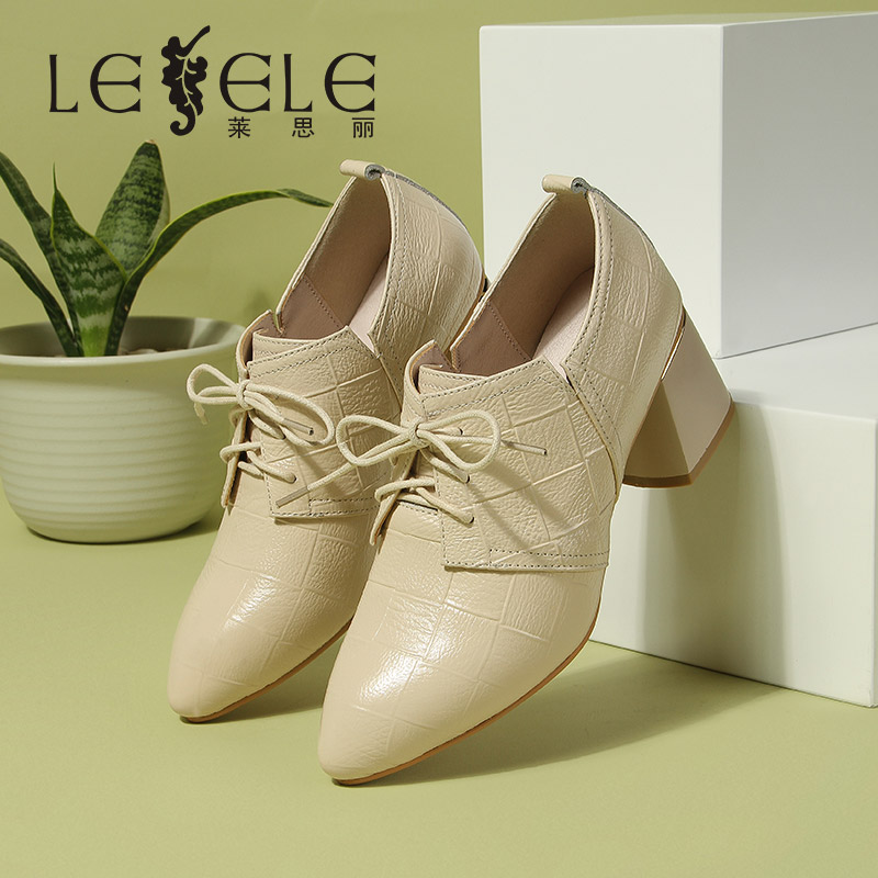LESELE|Lace up leather pointed middle heel leather shoes| lc6959
