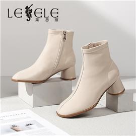 LESELE|莱思丽冬新款时尚高跟女靴 圆头牛皮拉链粗跟短靴女LD5736