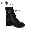 Lesele new winter simple lace up cowhide women's short boots square heel Plush Martin boots